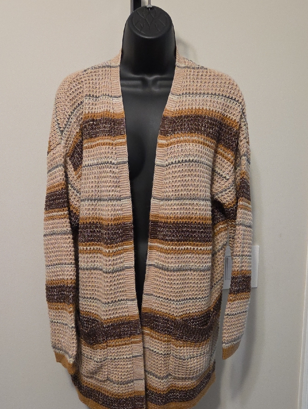 Open-Front Striped Knit Cardigan in Beige, Brown & Tan